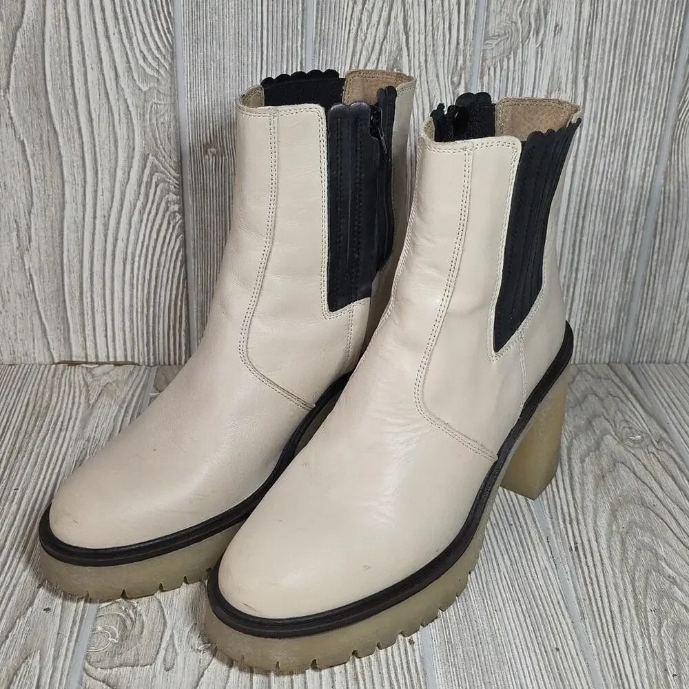 Free People James Chelsea Bone Leather Retro Chunky Block Heel Boots Womens 39